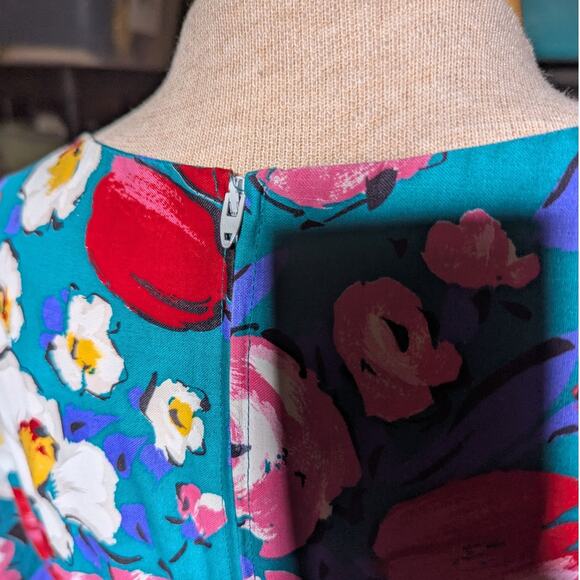 Vtg 1980s S.L. Fashions Turquoise Red Floral Print Short Sleeve Midi Dress Sz 12 - Picture 4 of 7